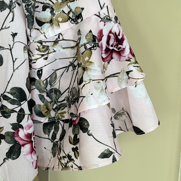 NWOT Femina Flaunt Pale Pink Floral Shift Dress 3/4 Ruffle Sleeves Boat Neck - Picture 4 of 15